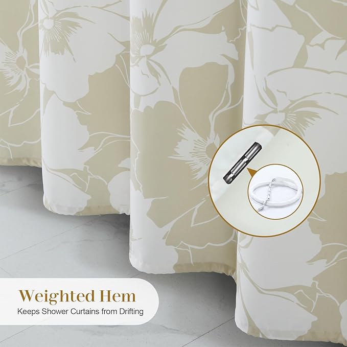 Floral Fabric Shower Curtains for Bathroom, Cream Beige Tan Flower Shower Curtain, Waterproof Washable Decorative Bathroom Curtains, 72" W x 72" H