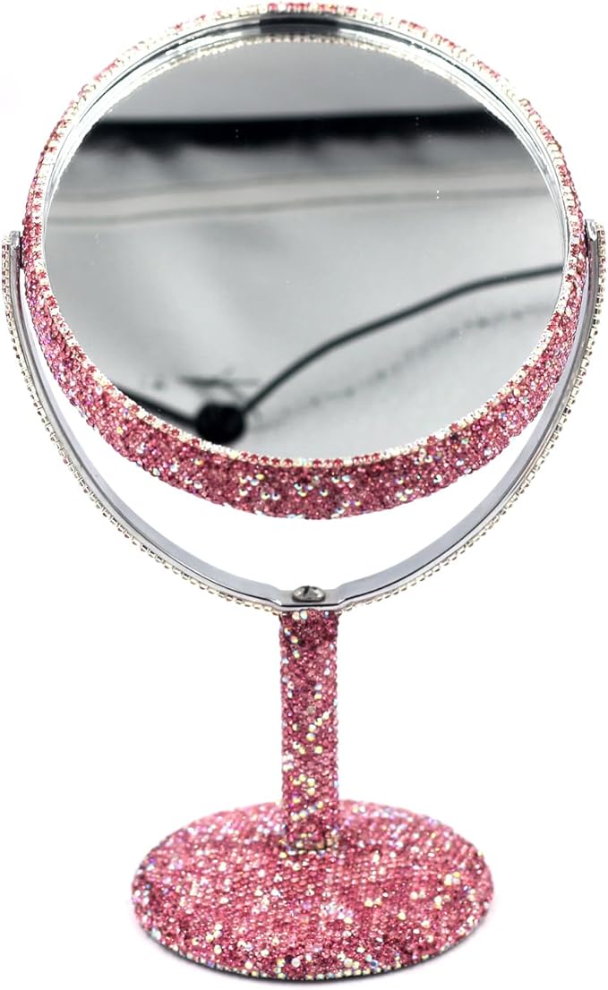 Bling Bling 6-Inch Double-Sided Tabletop Makeup Mirror, Oval Metal Makeup Mirror with 1:2 Magnifying Mirror, Rotating Mirror for Vanity (Pink)