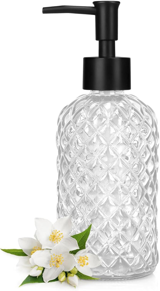 Topsky Gem Glass Soap Dispenser with Black Plastic Pump, 13oz Liquid Hand Soap Dispenser, Rustproof Pump for Kitchen & Bathroom, Great for Lotions, Essential Oil, Liquid Soaps-Clear