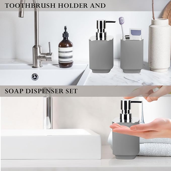 Grey Bathroom Accessories 2 Pieces, Soap Dispenser and Toothbrush Holder Set for Boho Bathroom