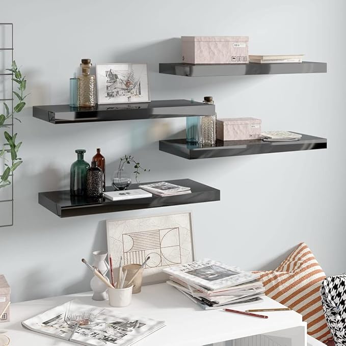 Floating Wall Shelves 4 Pack High Gloss Black Display Rack 23.6x9.3x1.5 Inches Modern Home Decor for Living Room Bedroom Office Storage Organizer