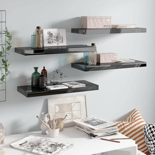 Floating Wall Shelves 4 Pack High Gloss Black Display Rack 23.6x9.3x1.5 Inches Modern Home Decor for Living Room Bedroom Office Storage Organizer