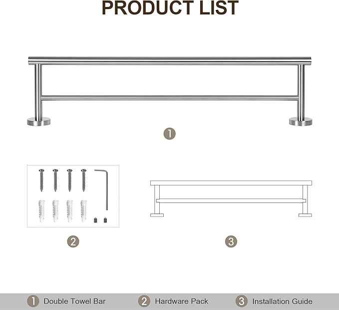 SEIDO Double Towel Bar for Bathroom Wall 18”L, 304 Stainless Steel Brushed Nickel Towel Bar, 2-Bar Design Bathroom Towel Rack, Brushed Nickel, 18 inch