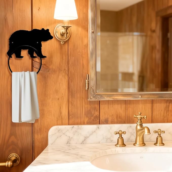 MAYJOYDIY Bear Towel Ring Towel Holder Bathroom Wall Mounted Metal Wall Mounted Towel Ring with Bear Wild Beast Metal Custom Hand Towel Holder Wall Decor for Kitchen Home Hanging Gifts Decoration