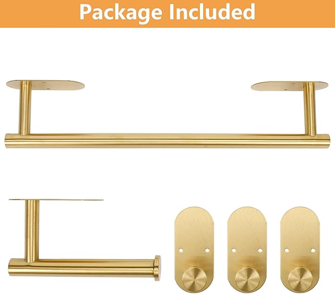 TocTen 5 Pieces Wall Mounted or Self Adhesive Towel Bar Set, Stainless Steel Bathroom Hardware Set Include 16″ Towel Rack, Toilet Paper Holder, 3 Towel Hook, Sticky Bathroom Accessory Kit (Gold)