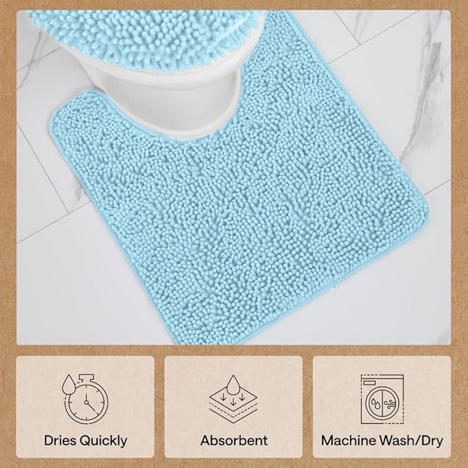GORILLA GRIP Plush Absorbent Shaggy Chenille Bath Rug Mat for Oval Toilet Base with Rubber Backing, Machine Washable Rugs, Soft Microfiber Contour Mats for Toilets, Quick Dry, Bathroom Decor, Sky