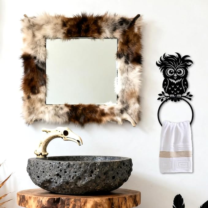 MAYJOYDIY Cute Owl Metal Towel Ring Round Cartoon Bird Hand Towel Holder Animals Ring Hanger Wall Mount Black Vintage Towels Wall Organizer for Kitchen Bath Home Laundry Room Decors Gifts
