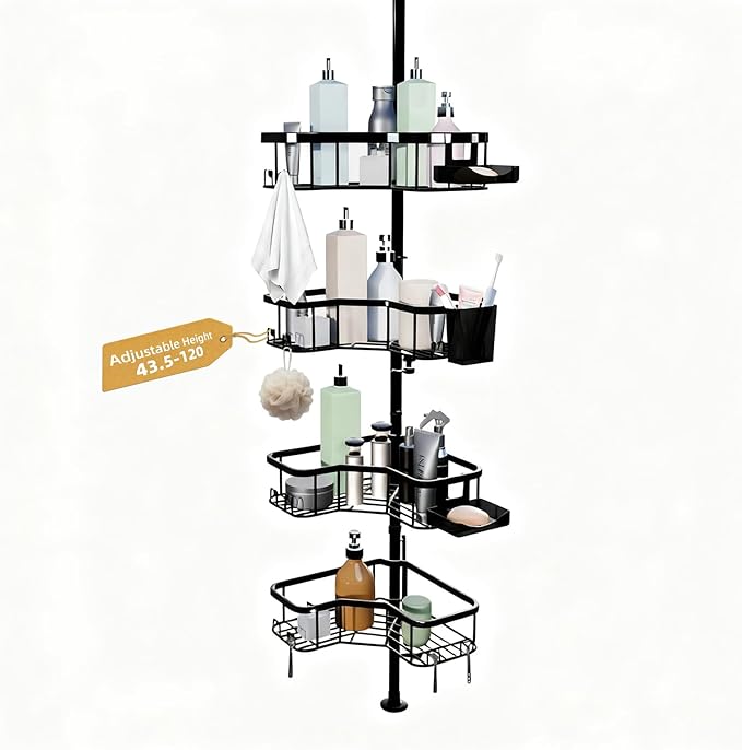 Corner Shower Caddy Tension Pole, 4 Tier Rust-Resistant Adjustable Bathroom Organizer Shelves, Bathtub Storage Rack with Soap Holder, No-Drill Install, Floor to Ceiling Rod 47-121 Inch, Black