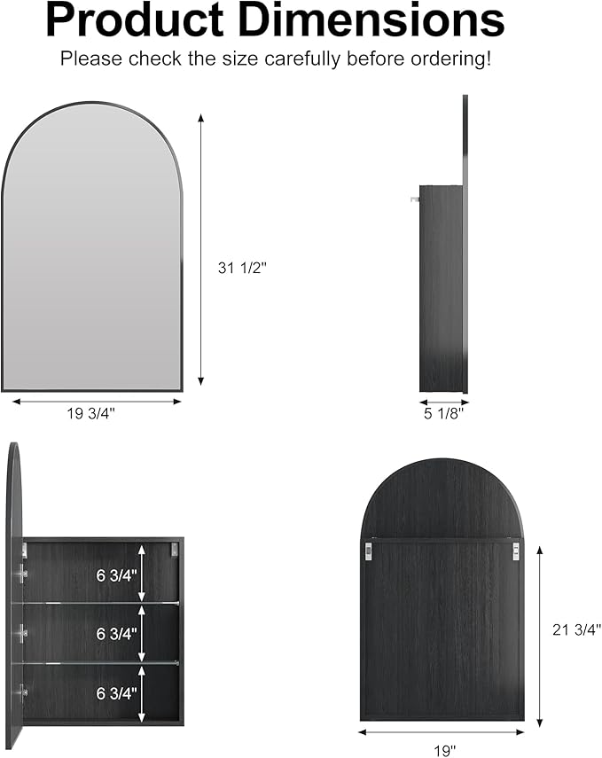 Arched Medicine Cabinet Mirror for Bathroom, Brushed Black Arch Mirror Cabinet with Storage,Adjustable Shelves, Wall Mounted Only, Modern Bathroom Storage,20x32 Inch