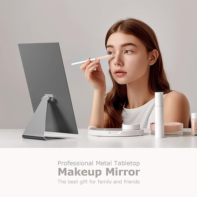 NEZZOE Rectangular Free-Standing Makeup Mirror, Frameless 1X Vanity Mirror with Adjustable Tilt, Metal Base, for Desk, Bathroom Countertop or Windowsill, 12 x 7 Inches
