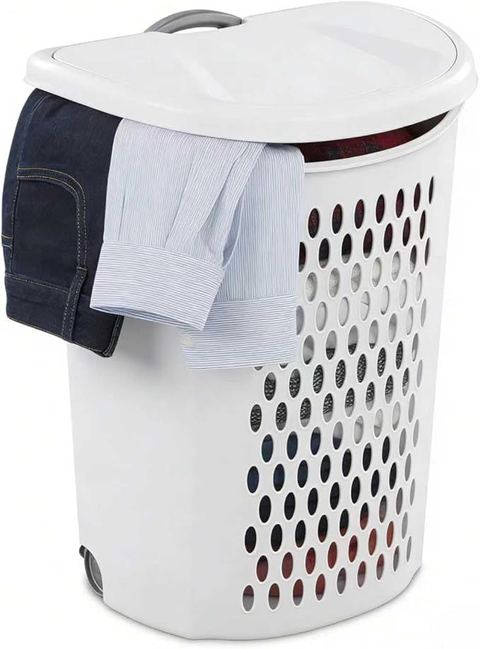 (1-Pack) Wheeled Laundry Basket - 135 Liters Large Capacity - White Plastic with a Cover and Extendable Handle, Suitable for Homes, Dormitories,Laundry Rooms and Apartments.