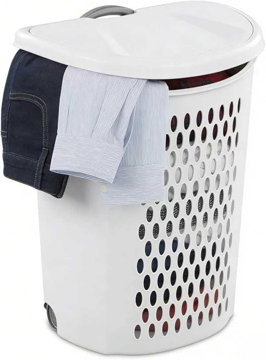 (1-Pack) Wheeled Laundry Basket - 135 Liters Large Capacity - White Plastic with a Cover and Extendable Handle, Suitable for Homes, Dormitories,Laundry Rooms and Apartments.
