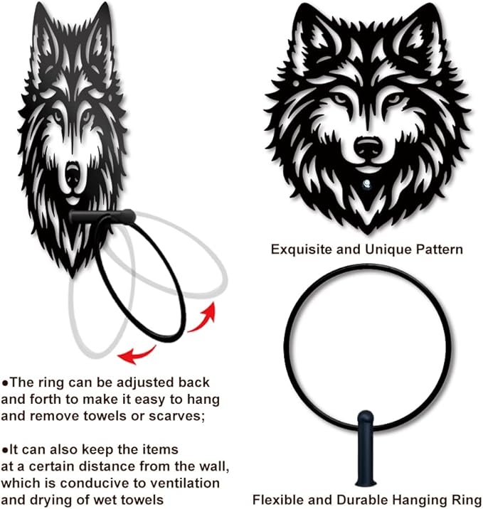 MAYJOYDIY Wolf Metal Towel Ring Animal Theme Bath Towel Ring Wolf Wildlife Towel Holder Wall Mounted Black Art Towel Rack for Bathroom Kitchen Towel Hanger Home Decors Gift