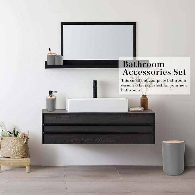 Britimes Bathroom Accessories Set, 19PC Grey Shower Curtain Set with Trash Can, Soap Dispenser, Toilet Brush Holder, Toothbrush Holder and Toothbrush Cup for Bathroom Decor