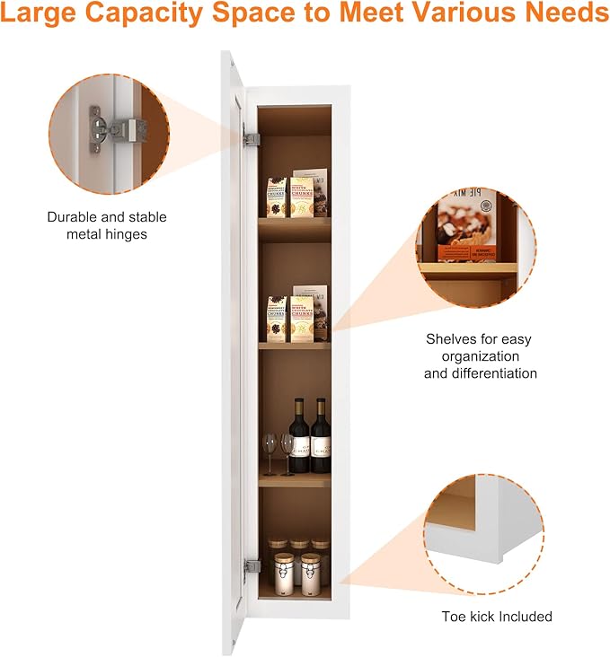 ROOMTEC Wood Wall Cabinet,RTA Single Door Medicine Cabinet with Adjustable Shelves and Soft-Close Door for Kitchen, Bathroom, and Laundry. 12" D*9" W*42" H, Shaker White
