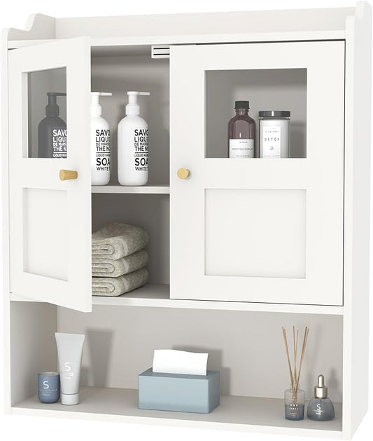 Aenuert Bathroom Wall Cabinet, Medicine Cabinet with 2 Glass Door and Adjustable Shelves,White Wall Mounted Cabinet Over The Toile,3-Tier Wood Hanging Storage for Bathroom,Kitchen,Living,Laundry Room
