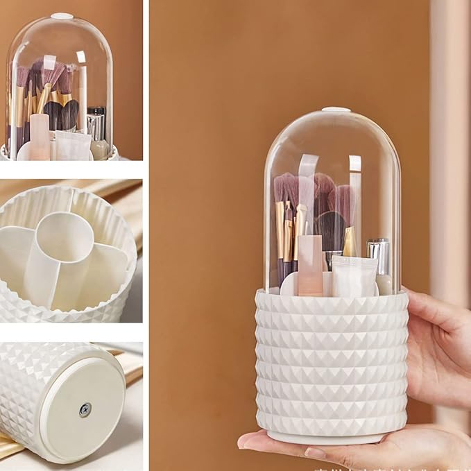 Makeup Brush Holder Organizer with Lid,360?? Rotating Dustproof Make Up Brushes Container with Clear Acrylic Cover, Spinning Cosmetics Holders Storage Cup with 5 Compartment for Vanity and Bathroom