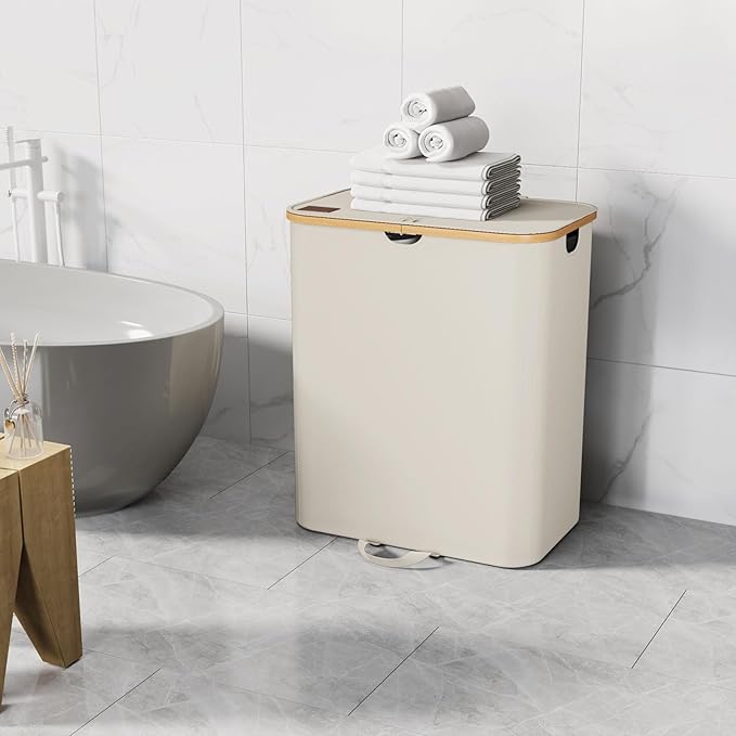 XLHOMO 160L Double Laundry Hamper with Lid, Dirty Clothes Hamper with 2 Removable Bags, Beige Laundry Hamper 2 section with Bamboo Handles Easy to Carry for Bedroom, Bathroom, Dorm, College