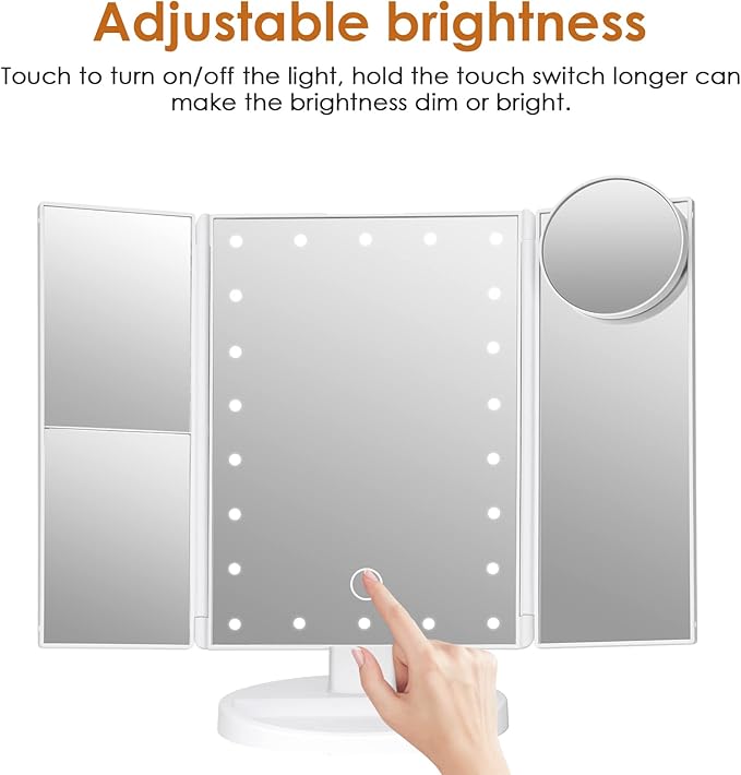 Makeup Mirror Vanity Mirror with Lights, Bathroom Adjustable Brightness Mirrors 1X/2X/3X/10X Magnification and Touch Screen Trifold Makeup Mirror Two Power Supply Modes Women Gift White