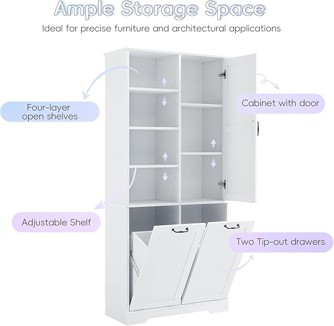 Virubi Tall Laundry Hamper Cabinet with 2 Tilt Out Hamper, Wood Tall Bathroom Laundry Room Storage Cabinet with Adjustable Shelves, Freestanding (White)