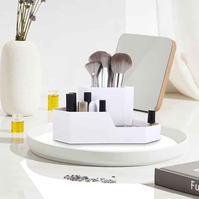 Cabilock White Plastic Makeup Organizer Box Multipurpose Storage for Skincare Bathroom Organizer and Makeup Brush Holder with Corner Design