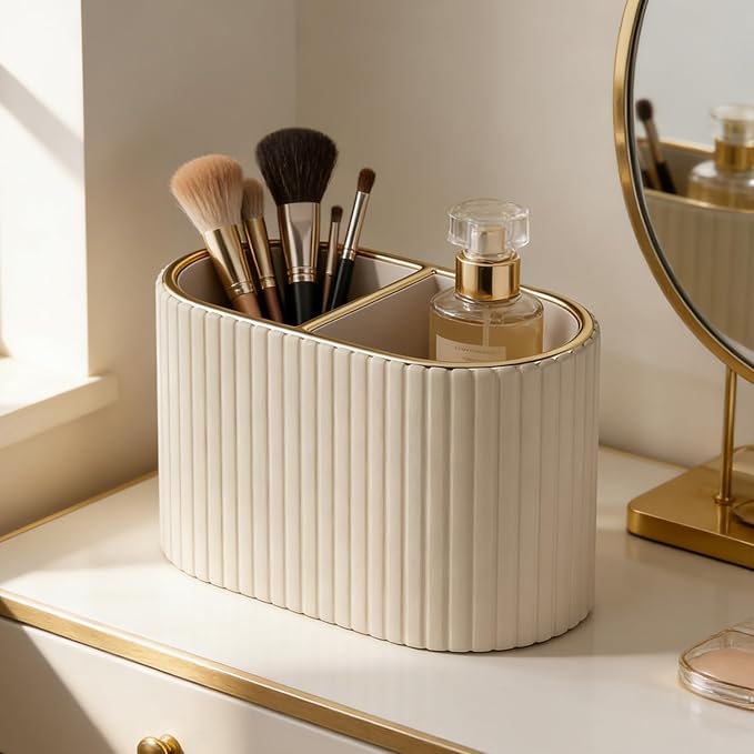 KINGFOM Makeup Brush Holder Organizer with Divider, PU Leather Vanity Brush Holder for Bathroom Countertop & Dressing Table, Cosmetic Desktop Storage Caddy for Makeup Tools Oval (Mocha Beige)