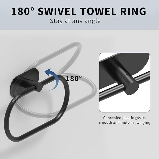 Adhesive Towel Holder for Bathroom Matte Black No Drill Hand Towel Ring Stainless Steel and Zinc Alloy Self Adhesive Towel Hanger for Bath, Kitchen