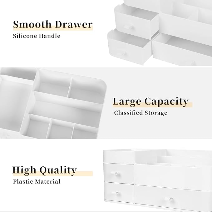 BTremary Makeup Organizer for Vanity, Large Capacity Desk Organizer with Drawers for Cosmetics, Lipsticks, Jewelry, Nail Care, Skincare, Ideal for Bedroom and Bathroom Countertops