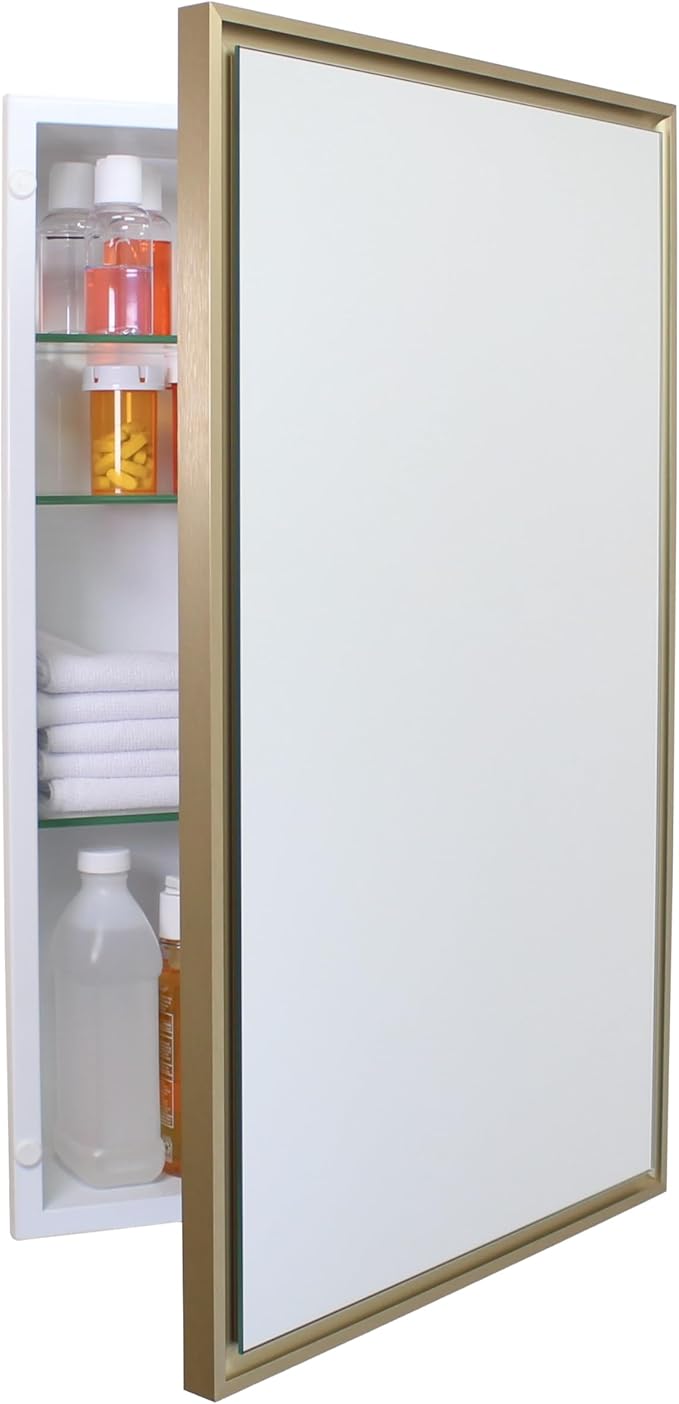 Fox Hollow Furnishings 16x26 Parker Metro Metal Framed Rectangle Recessed Bathroom Medicine Cabinet, Floating Mirror, 14x24 in-Wall Opening, Steel, Adjustable Glass Shelves, Magnet Close, Gold