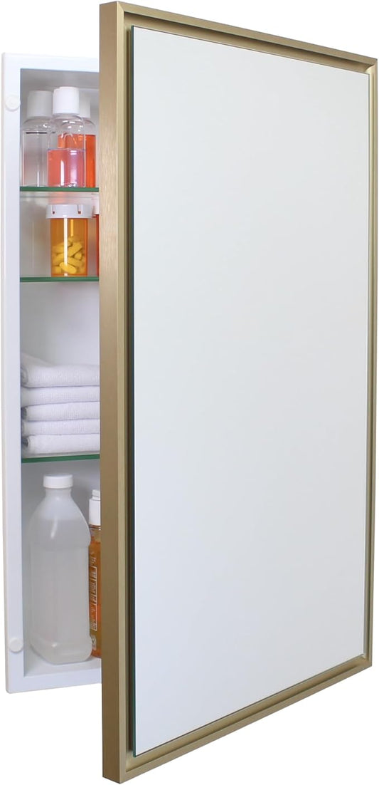 Fox Hollow Furnishings 16x26 Parker Metro Metal Framed Rectangle Recessed Bathroom Medicine Cabinet, Floating Mirror, 14x24 in-Wall Opening, Steel, Adjustable Glass Shelves, Magnet Close, Gold