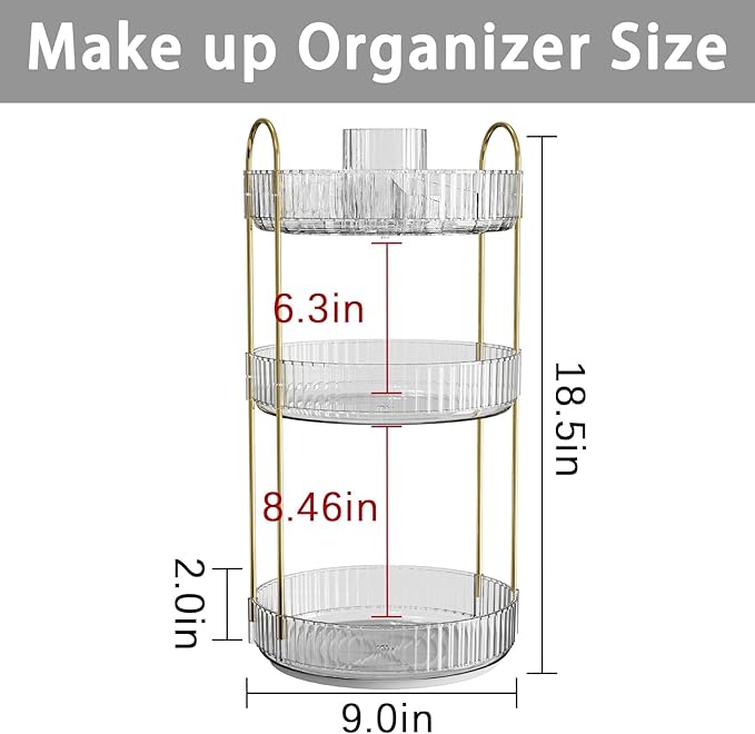 shuang qing Rotating Makeup Organizer for Vanity, High-Capacity Skincare Clear Make Up Storage Perfume Organizers Cosmetic Dresser Organizer Countertop 360 Spinning (Clear, New-3 Tier)