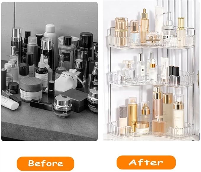 CESTATIVO Corner Bathroom Counter Organizer, Vanity Trays for Bathroom, Skincare Makeup Organizer Shelf, Shelf Cosmetics, Toiletries, Lotions, Perfumes (3 Tiers, Clear)