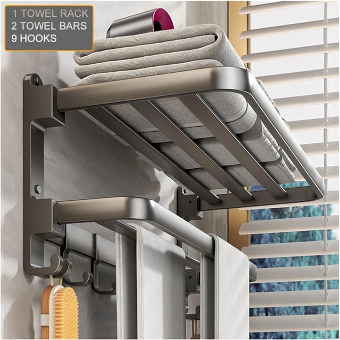 (1 Pack) Yariwiz Grey Towel Rack Wall Mounted No Drill and Screw Mounting, Bathroom Bath Shower Length 24 inch Double Towel Rod with Shelf Hotel Towel Rack B0502-GREY