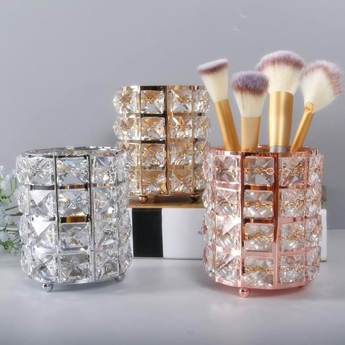 AKOAK 1 Pack Crystal Makeup Brush Holder Office Supplies Storage Rack Eyebrow Pencil/Lipstick/Pencil Makeup Container, Dressing Table, Bedroom, Office (Black)