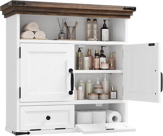 Bathroom Wall Cabinet, Farmhouse Medicine Cabinet with Door, 8.9"D x 25.6"W x 24.8"H, Wall Mounted Bathroom Cabinet with Adjustable Shelf, Wall Storage Cabinet for Laundry Room & Kitchen(White)