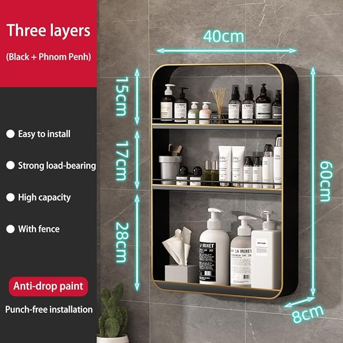 Punch- Bathroom Shelf, Wall-Mounted Makeup Organizer, Cosmetic Storage Rack, Multi-Layer Large Capacity, 10kg Load-Bearing,Black a-40 * 60cm