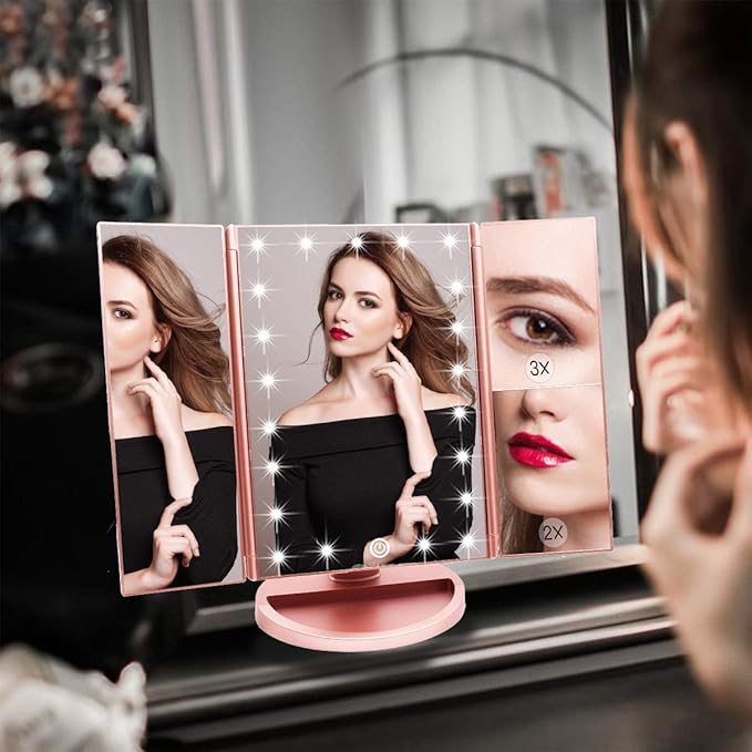 WEILY Makeup Mirror with 21 LED Lights,Two Power Supply, Touch Screen and 1x/2x/3x Magnification Tri-Fold Vanity Mirror for Makeup Desk(Rose Gold)