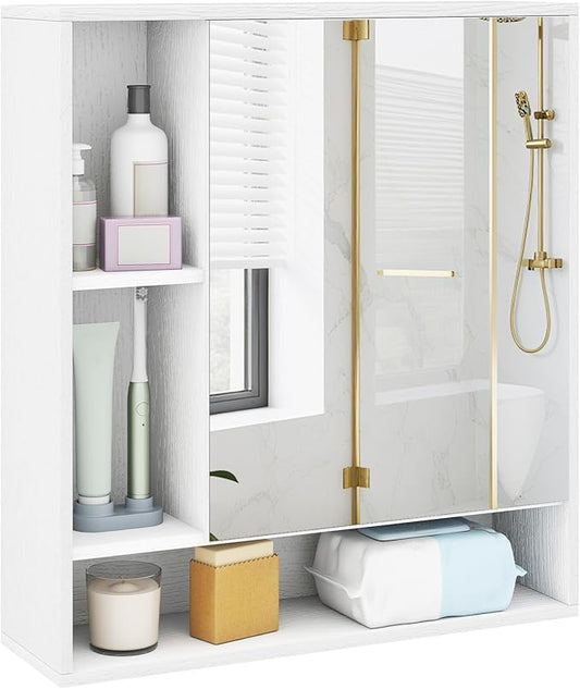 Giantex Bathroom Medicine Cabinet with Mirror, Wall Mounted Medicine Cabinet w/Single Door, 3 Open Shelves & Adjustable Shelf, Space-Saving Hanging Storage Cabinet for Living Room, Hallway (White)
