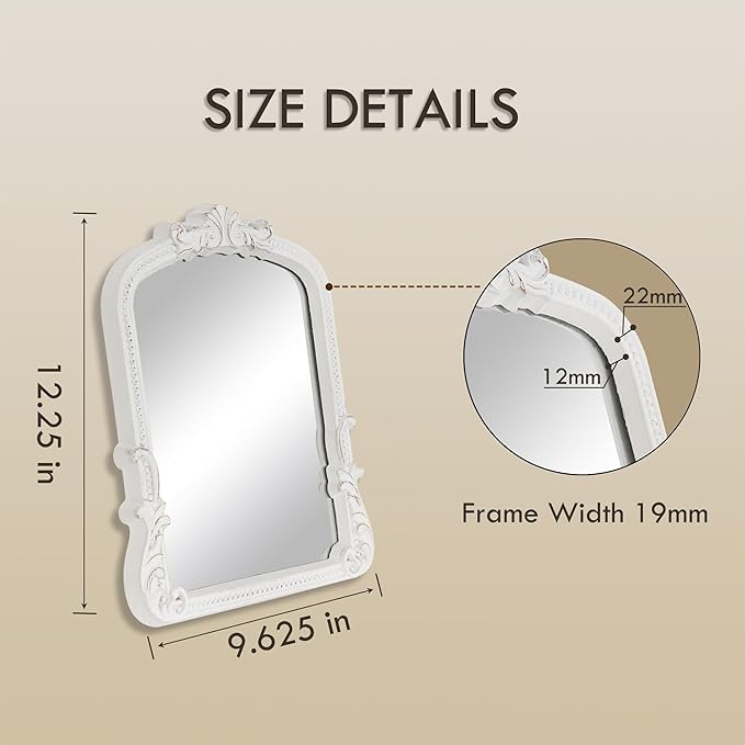 Small White Vanity Desk Mirror Vintage Mirror Arched Farmhouse Chic Table Baroque Wall Mirror for Living Room Tabletop Bedroom Dresser Countertop 9.6x12.3