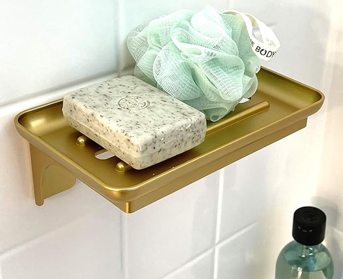 Wonder Shelf ?€? Small Adhesive Floating Wall Shelf for Bathroom, Over Toilet Paper Holder Mini Storage Rack for Phone, Wipes, Tablet, or D??cor (1, Gold with Holes)