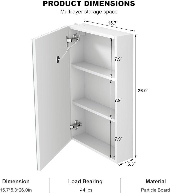 Lighted Bathroom Medicine Cabinet with Mirror, Led Mirror Cabinet with Defogger for Bathroom,Vanity Medicine Cabinet Wall Mounted 15.7x26 Inch