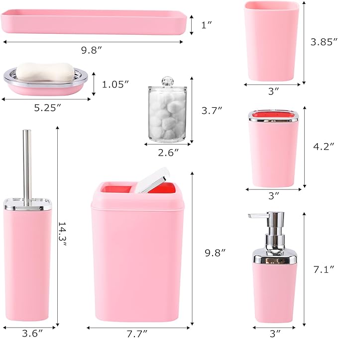 XLHOMO Pink Bathroom Accessory Set, Plastic Bathroom Set with Tray, Soap Dispenser, Toothbrush Holder, Toothbrush Cup, Soap Dish, Toilet Brush, Trash Can and Q-tip Holders for Bathroom/Housewarming