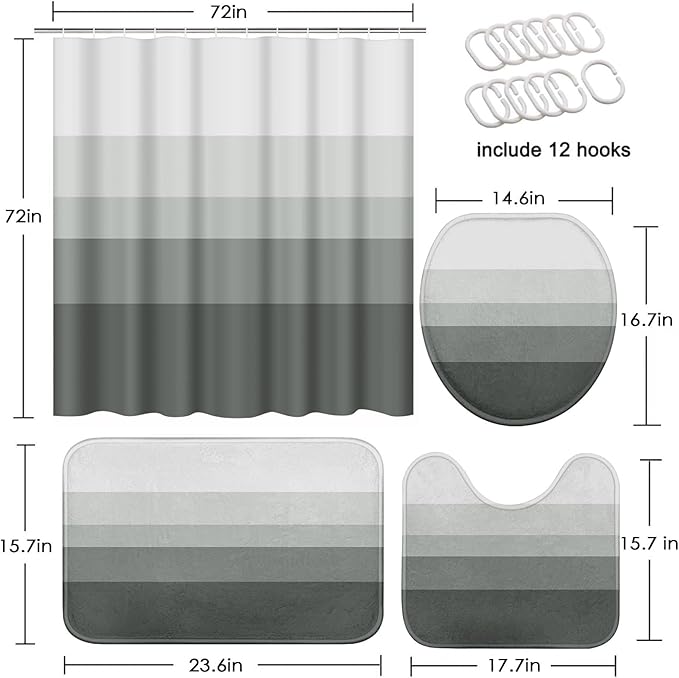 Striped Grey Shower Curtain Set with Toilet Lid Cover and Non-Slip Rugs for Bathroom, Minimalist Neutral Ombre 4 Pcs Shower Curtain, Modern Bathroom Set with 12 Hooks