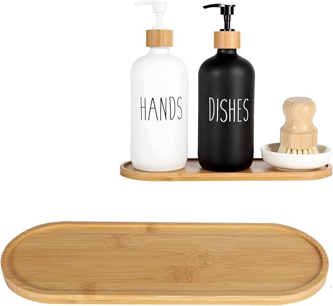 Bamboo soap Dispenser Tray, Bathroom Countertop T ray Kitchen T ray Bamboo T ray Sink Tray Dresser Jewelry Ring Dish, Comestic Holder Bathtub Organizer, Ideal for Jewelry, Cosmetics（ 24 × 8 cm）