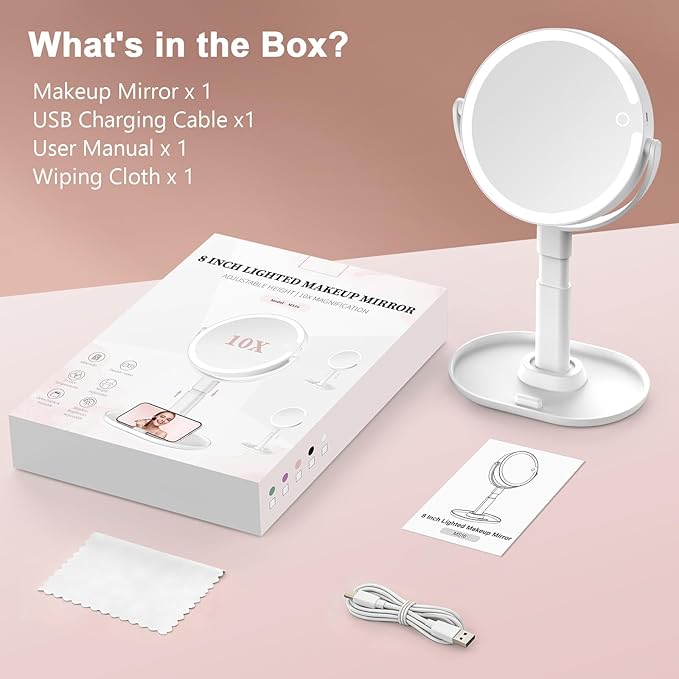 Lighted Makeup Mirror with 10X Magnification, Rechargeable LED Magnifying Vanity Mirror with 3 Lights, Adjustable Height, Storage Base and Phone Holder, White, 7 inch
