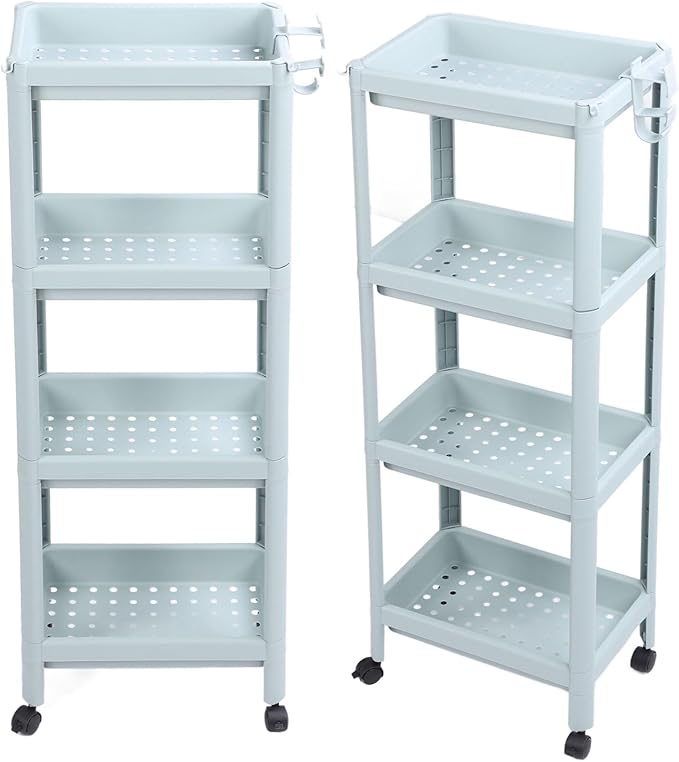 Storage Shelf for Bathroom, Open Shelf for Bathroom Storage, Independent Corner Shelf, Storage Shelf, Nordic Blue (2 (4 Layers (with Wheels))