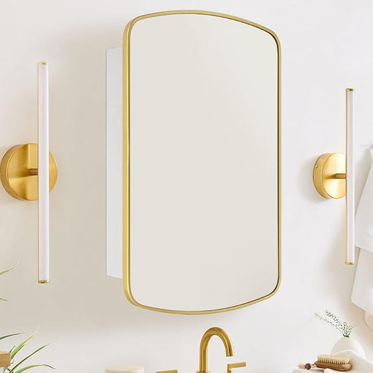 Brushed Gold Arched Recessed and Surface Mount Bathroom Medicine Cabinet with Mirror Metal Framed Rectangular Bathroom Cabinet with 3 Tempered Glass Adjustable Shelves 18x27''