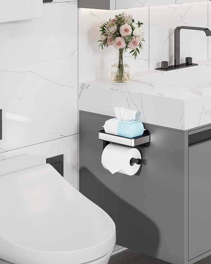 Kitsure Toilet Paper Holder with Shelf - Adhesive & Screw Wall Mount Toilet Paper Storage, Matte Black Design for Bathroom Decor, Space-Saving for Washroom, RV, Black, 7.1" W