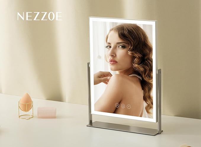 NEZZOE Rechargeable Vanity Mirror with Lights, Table Mirror with Stand, Makeup Mirror with 3 Colors and Brightness Adjustable, 3000mAh Battery, 14×10 Inch