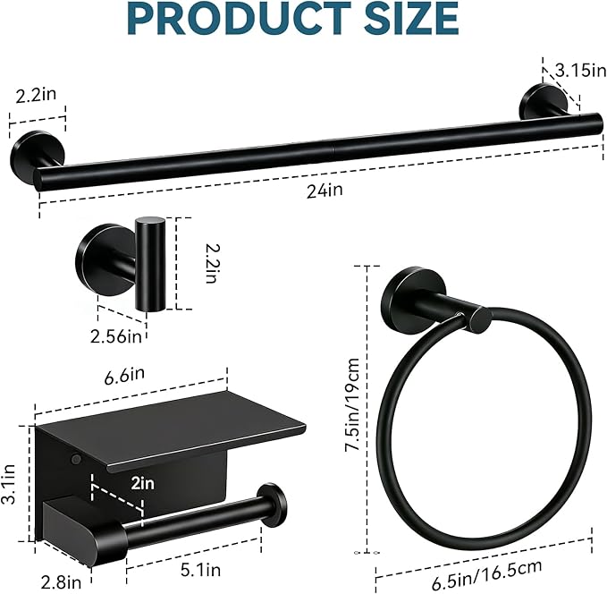 5-Piece Matte Black Bathroom Accessories Set, 24-Inch Wall-Mounted Towel Bar, Toilet Paper Holder with Shelf, SUS 304 Stainless Steel Bath Hardware, Towel Rack for Bathroom, Kitchen, Laundry Room